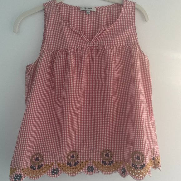 Madewell Embroidered Gingham Tank Top in Red and White with V-Neck, Size Small - Picture 5 of 9
